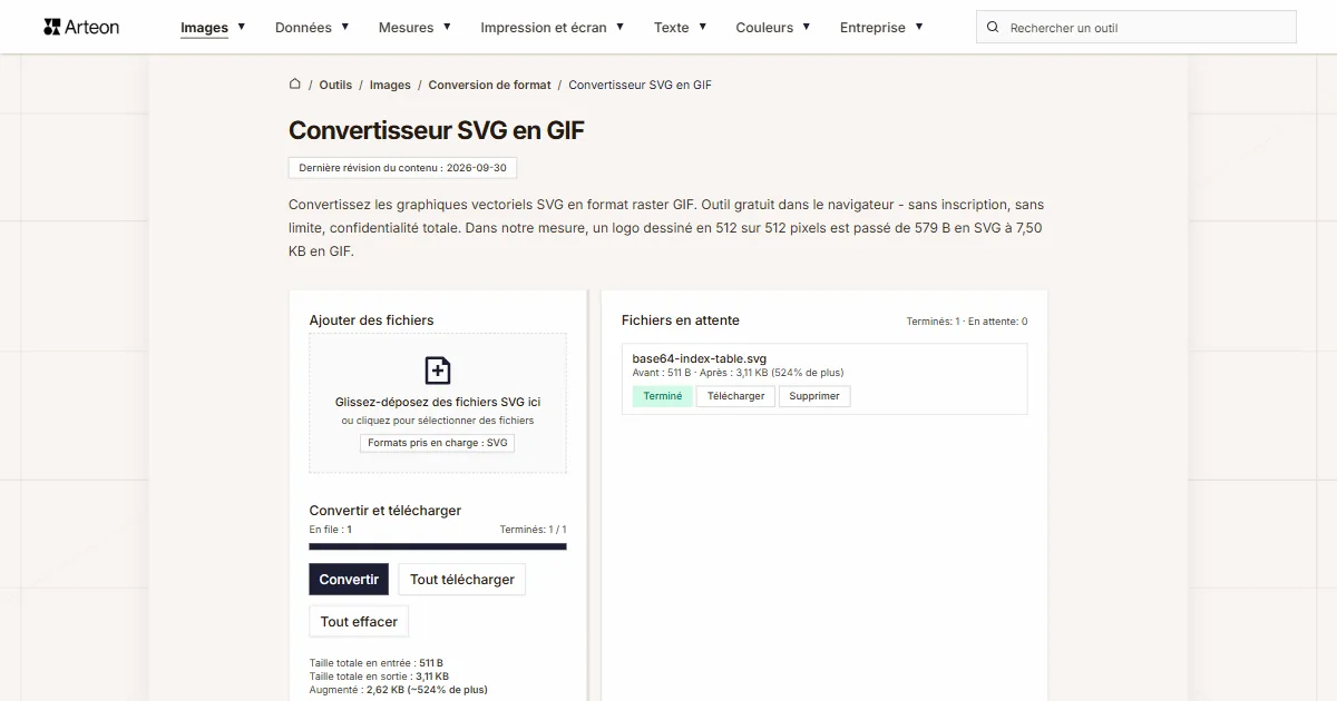 Capture d'écran de l'outil gratuit d'Arteon: Convertisseur SVG en GIF