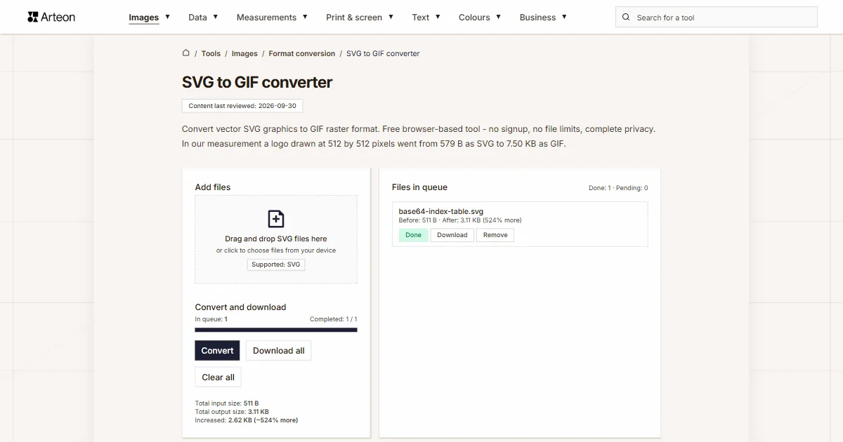 Arteon free tool screenshot: SVG to GIF converter