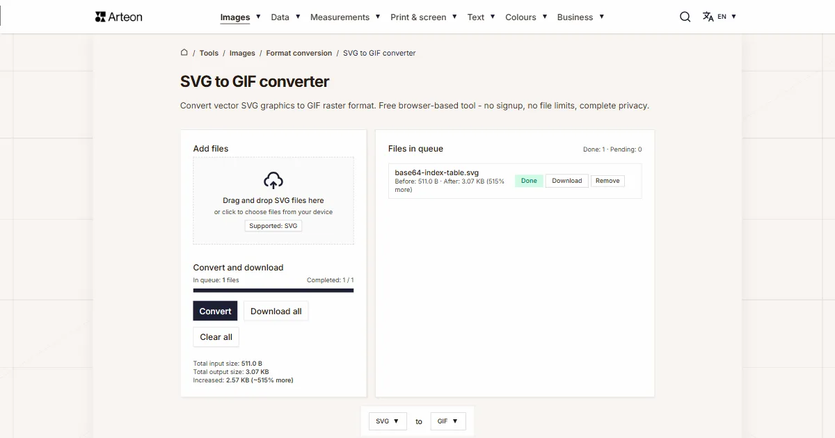 Arteon free tool screenshot: SVG to GIF converter