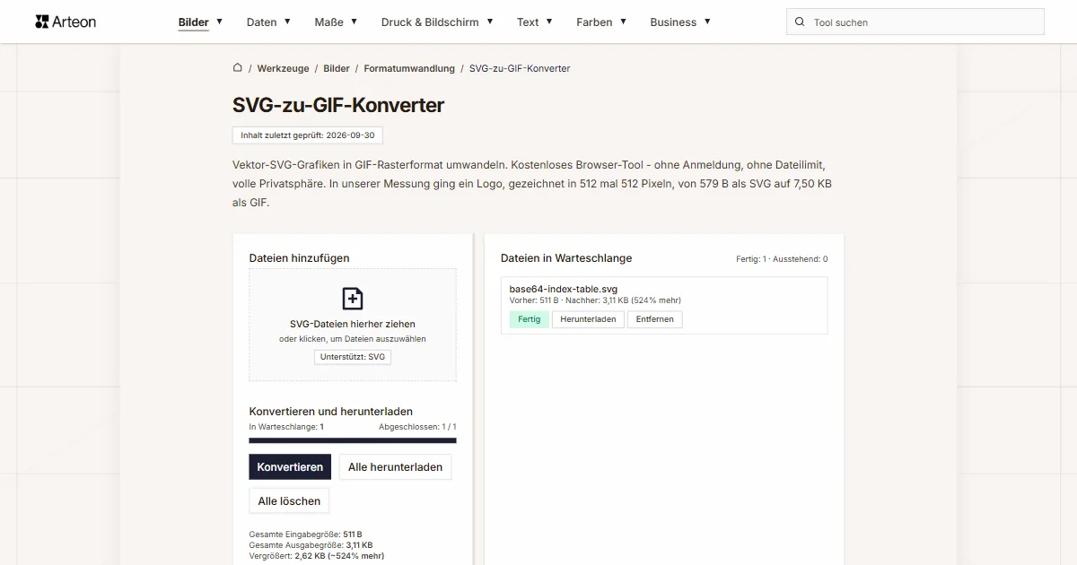 Screenshot des kostenlosen Arteon-Werkzeugs: SVG-zu-GIF-Konverter