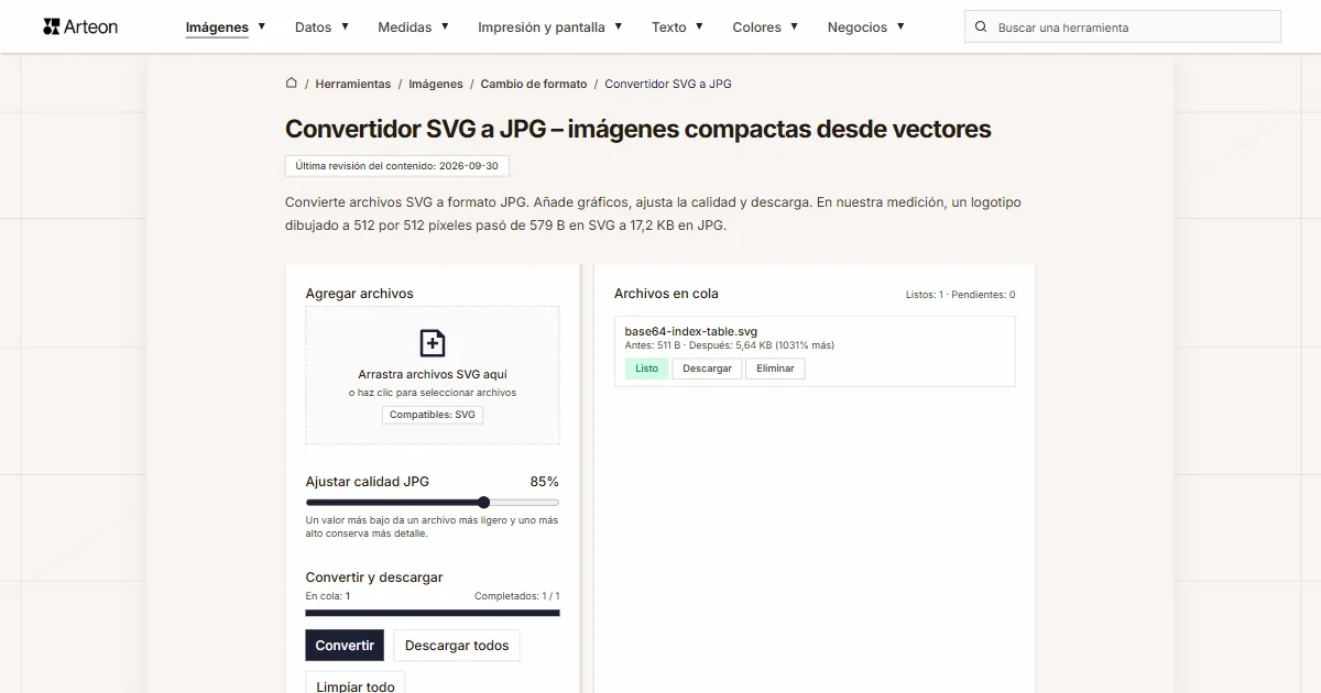 Captura de pantalla de la herramienta gratuita de Arteon: Convertidor SVG a JPG – imágenes compactas desde vectores