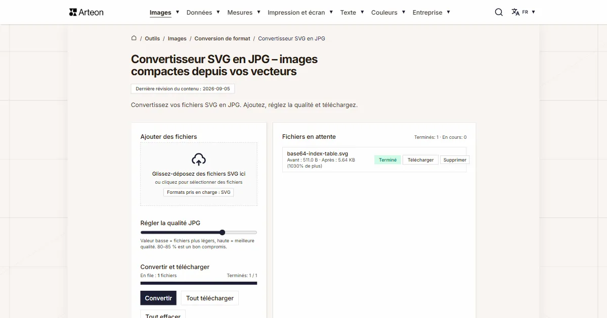Capture d'écran de l'outil gratuit d'Arteon: Convertisseur SVG en JPG – images compactes depuis vos vecteurs
