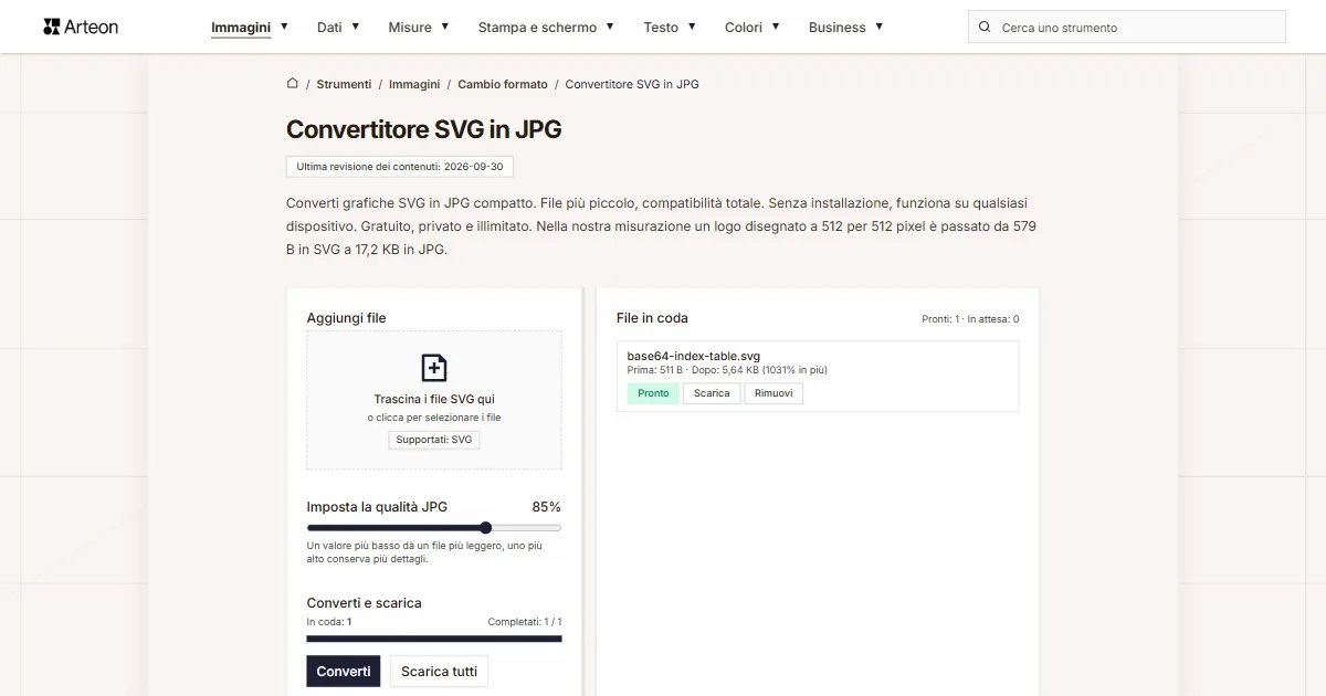 Screenshot dello strumento gratuito Arteon: Convertitore SVG in JPG