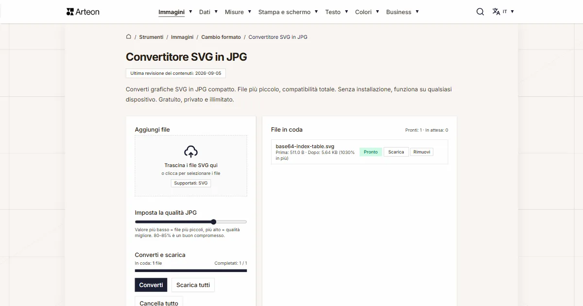 Screenshot dello strumento gratuito Arteon: Convertitore SVG in JPG
