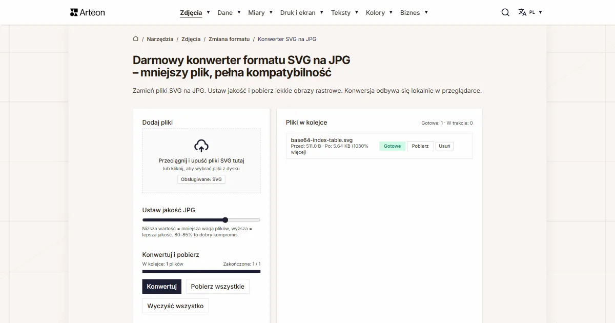 Zrzut ekranu darmowego narzędzia Arteon: Darmowy konwerter formatu SVG na JPG – mniejszy plik, pełna kompatybilność