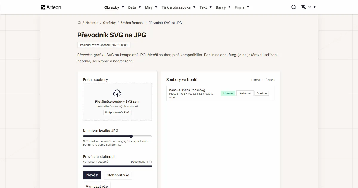 Snímek obrazovky bezplatného nástroje Arteon: Převodník SVG na JPG