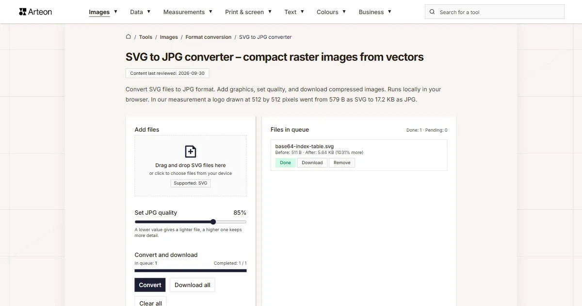 Arteon free tool screenshot: SVG to JPG converter – compact raster images from vectors