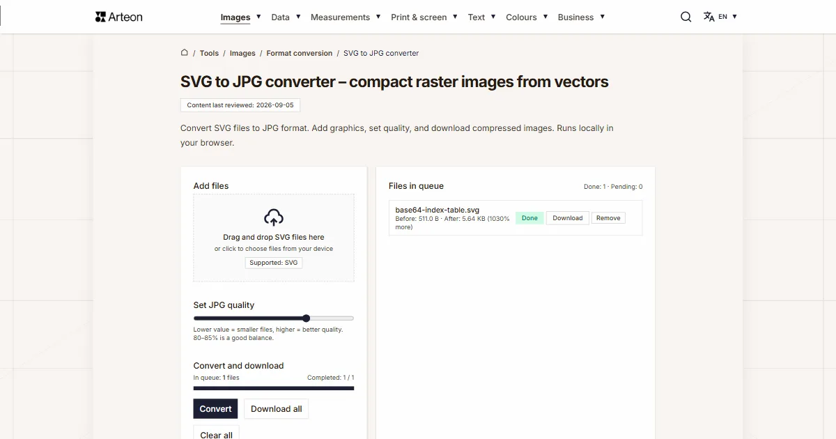 Arteon free tool screenshot: SVG to JPG converter – compact raster images from vectors
