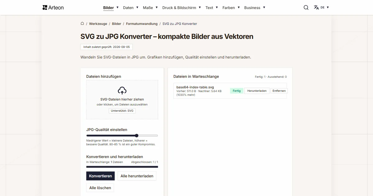 Screenshot des kostenlosen Arteon-Werkzeugs: SVG zu JPG Konverter – kompakte Bilder aus Vektoren