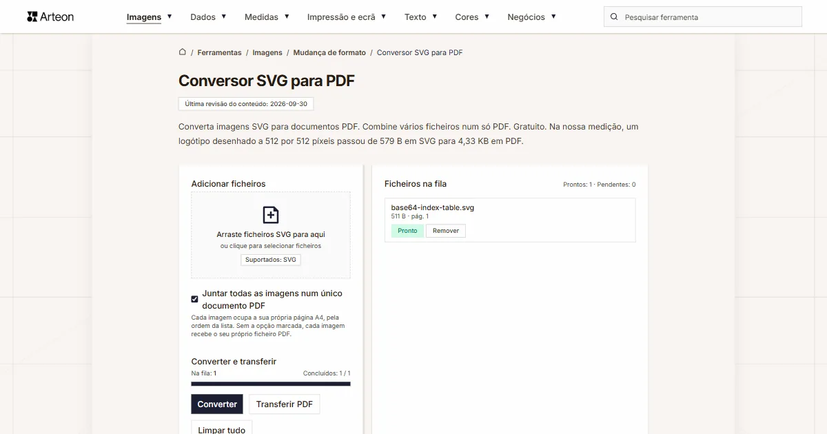 Captura de ecrã da ferramenta gratuita da Arteon: Conversor SVG para PDF