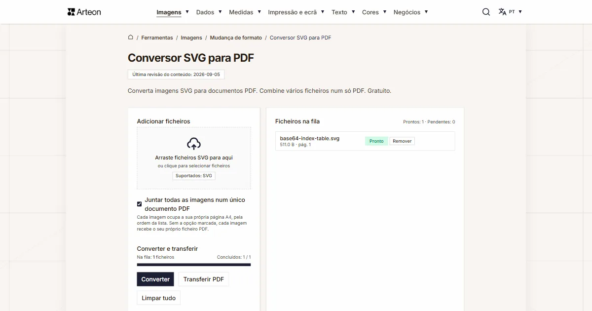 Captura de ecrã da ferramenta gratuita da Arteon: Conversor SVG para PDF