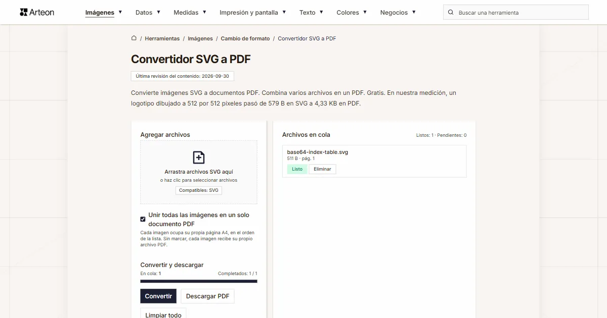 Captura de pantalla de la herramienta gratuita de Arteon: Convertidor SVG a PDF