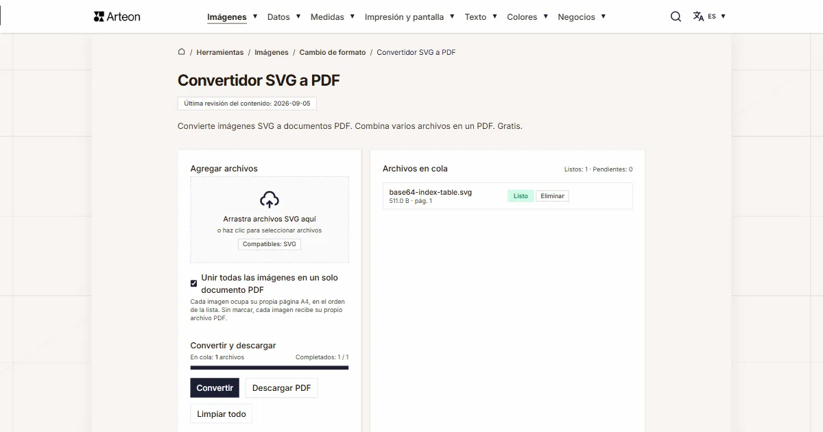 Captura de pantalla de la herramienta gratuita de Arteon: Convertidor SVG a PDF