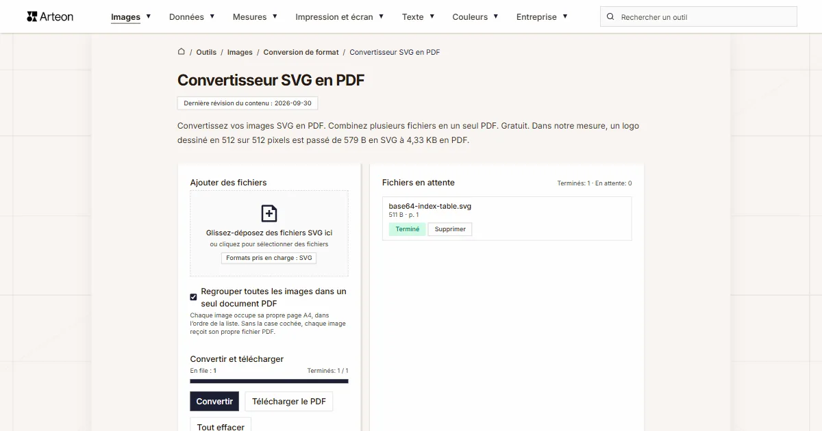 Capture d'écran de l'outil gratuit d'Arteon: Convertisseur SVG en PDF