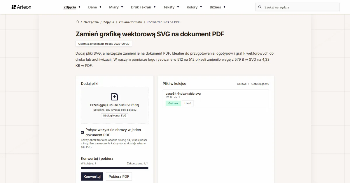 Zrzut ekranu darmowego narzędzia Arteon: Zamień grafikę wektorową SVG na dokument PDF