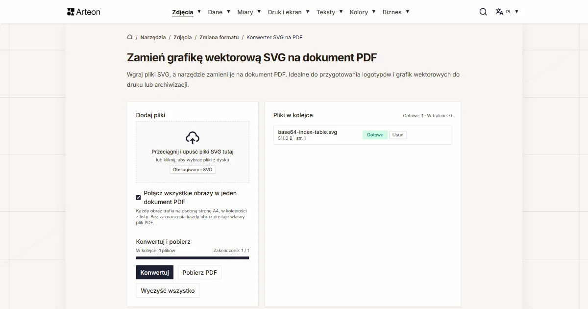 Zrzut ekranu darmowego narzędzia Arteon: Zamień grafikę wektorową SVG na dokument PDF