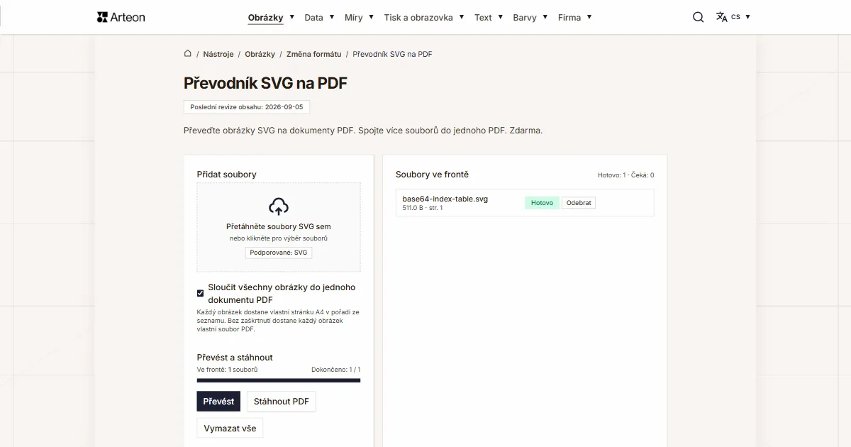 Snímek obrazovky bezplatného nástroje Arteon: Převodník SVG na PDF