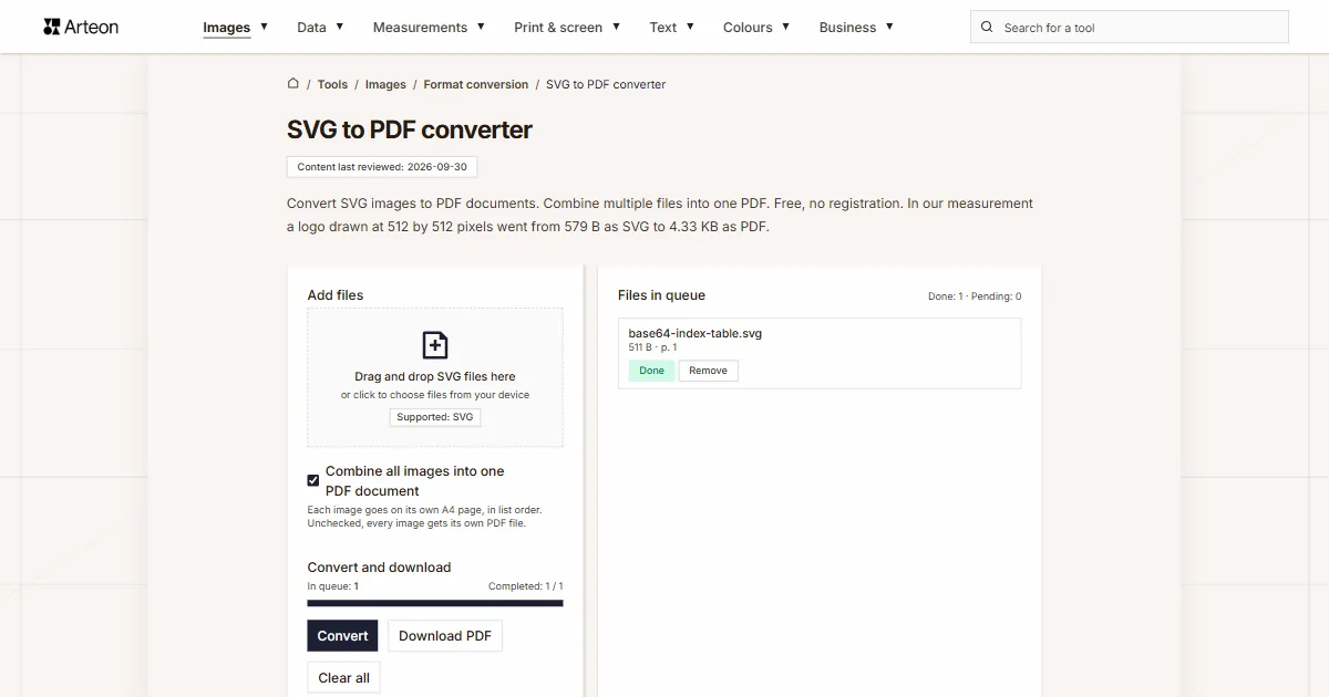 Arteon free tool screenshot: SVG to PDF converter