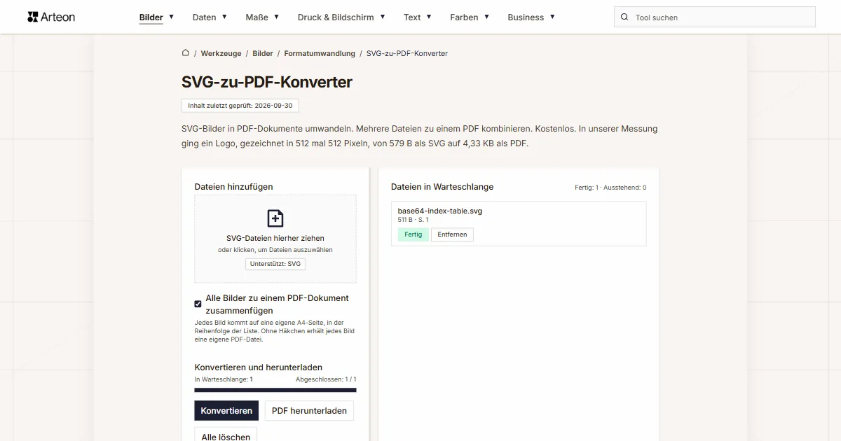 Screenshot des kostenlosen Arteon-Werkzeugs: SVG-zu-PDF-Konverter