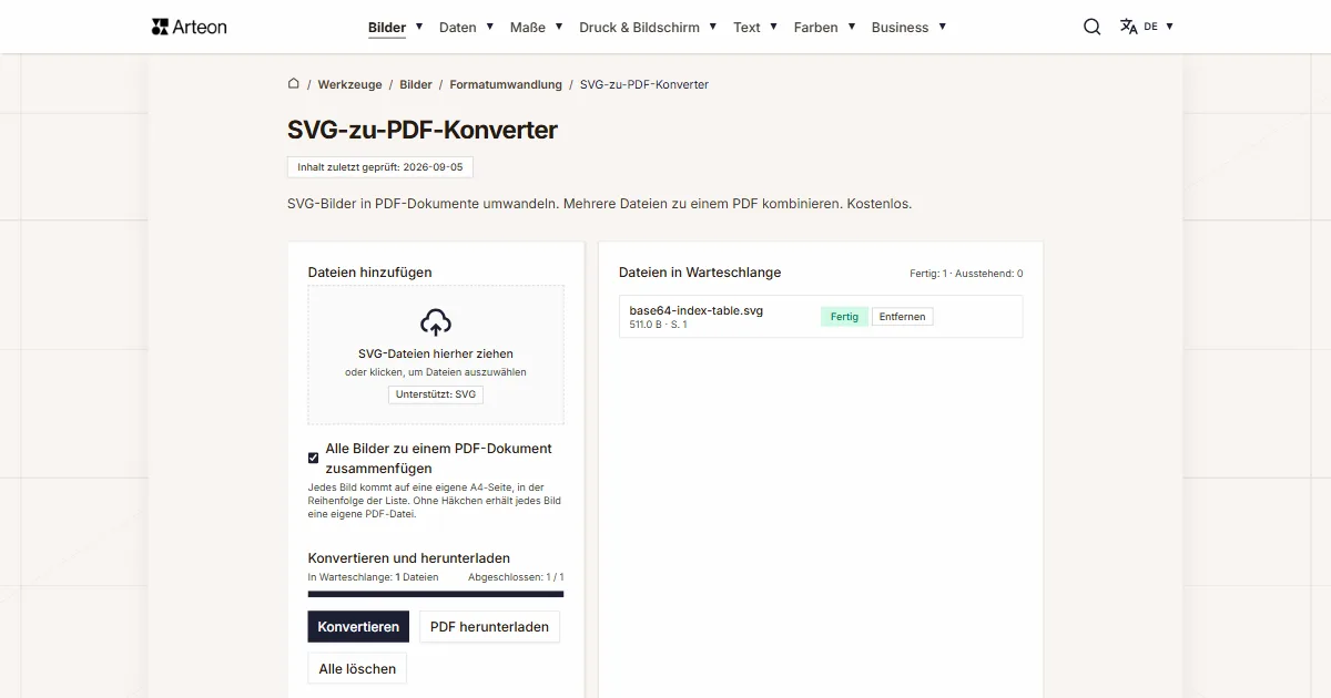 Screenshot des kostenlosen Arteon-Werkzeugs: SVG-zu-PDF-Konverter