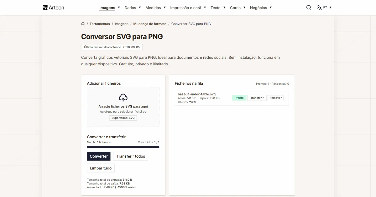 Captura de ecrã da ferramenta gratuita da Arteon: Conversor SVG para PNG