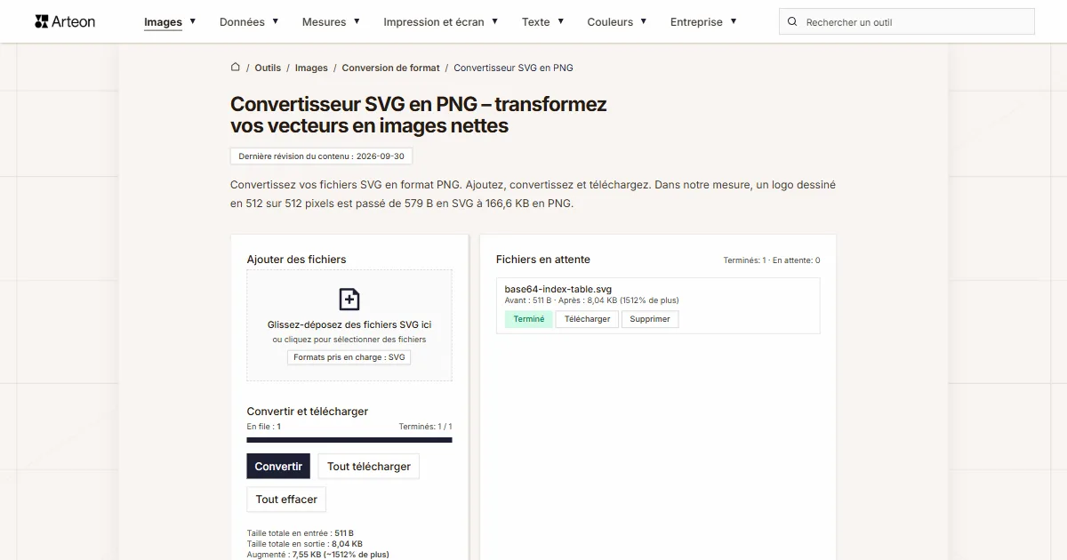 Capture d'écran de l'outil gratuit d'Arteon: Convertisseur SVG en PNG – transformez vos vecteurs en images nettes
