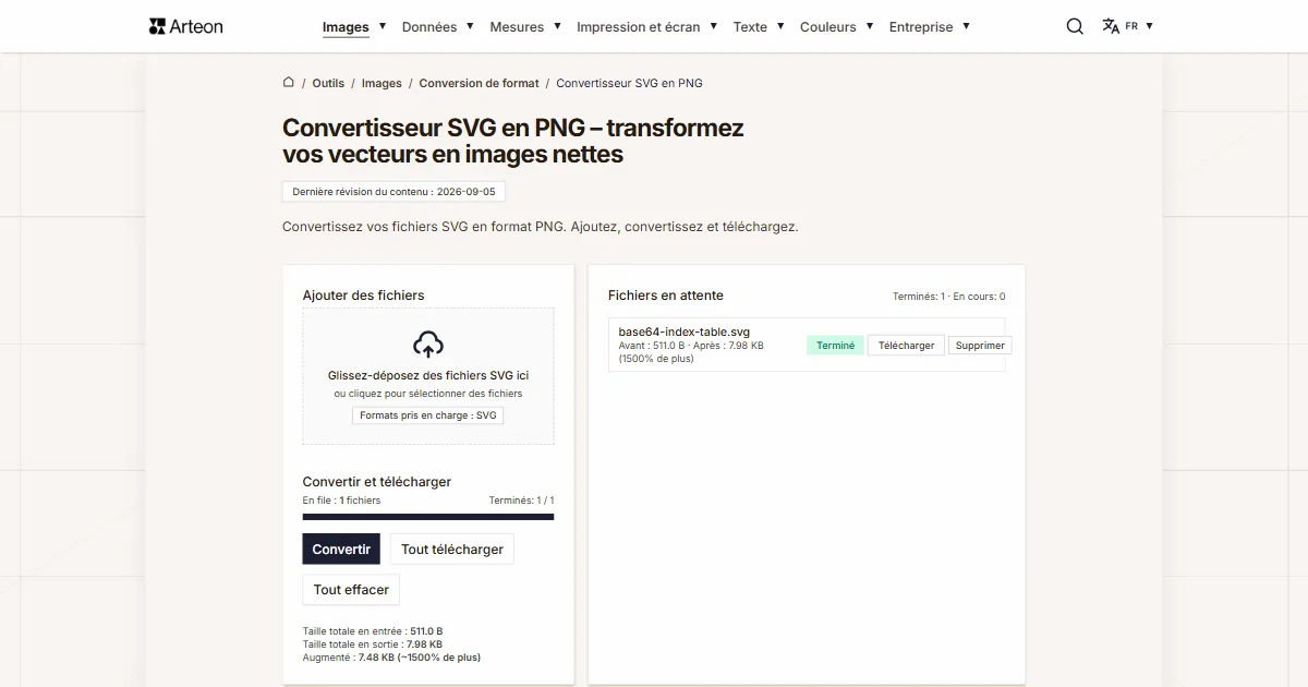 Capture d'écran de l'outil gratuit d'Arteon: Convertisseur SVG en PNG – transformez vos vecteurs en images nettes