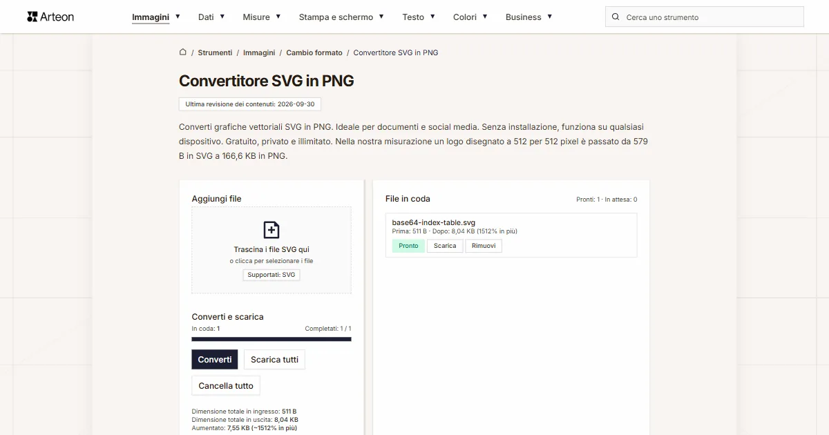 Screenshot dello strumento gratuito Arteon: Convertitore SVG in PNG