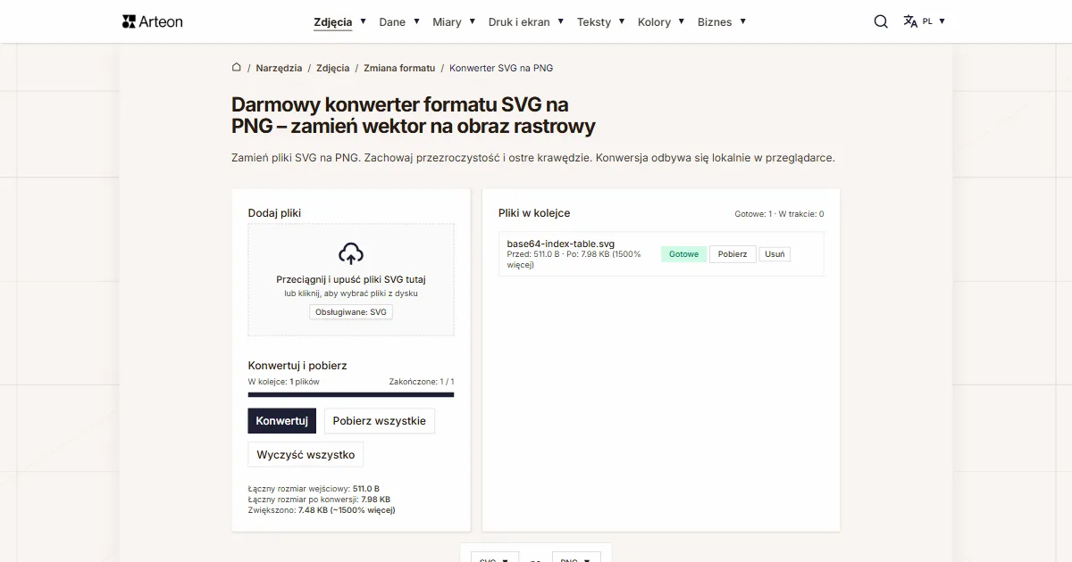 Zrzut ekranu darmowego narzędzia Arteon: Darmowy konwerter formatu SVG na PNG – zamień wektor na obraz rastrowy