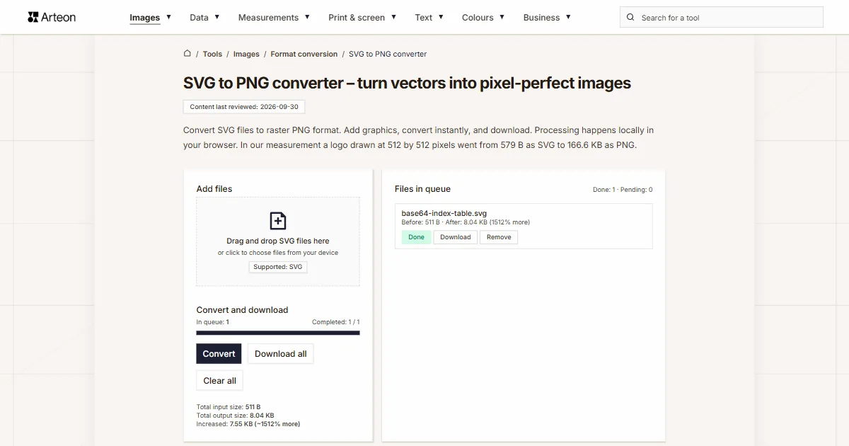 Arteon free tool screenshot: SVG to PNG converter – turn vectors into pixel-perfect images