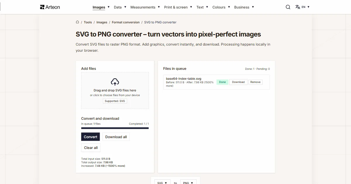 Arteon free tool screenshot: SVG to PNG converter – turn vectors into pixel-perfect images