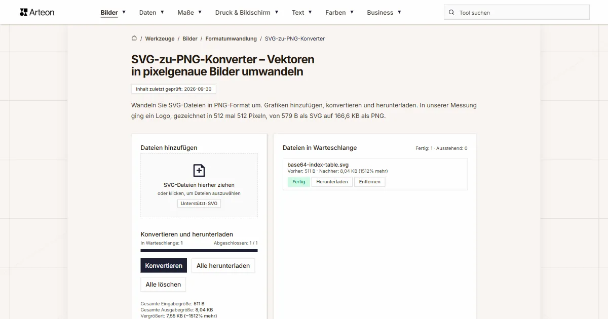 Screenshot des kostenlosen Arteon-Werkzeugs: SVG-zu-PNG-Konverter – Vektoren in pixelgenaue Bilder umwandeln