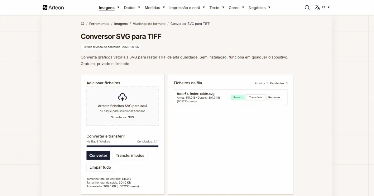Captura de ecrã da ferramenta gratuita da Arteon: Conversor SVG para TIFF