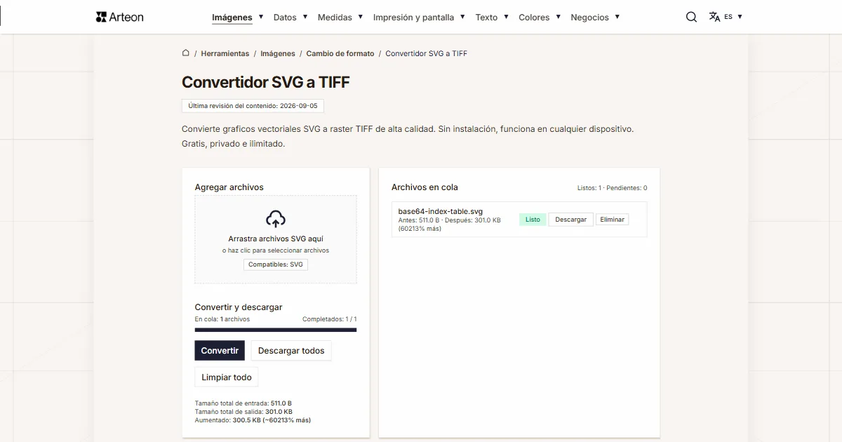 Captura de pantalla de la herramienta gratuita de Arteon: Convertidor SVG a TIFF