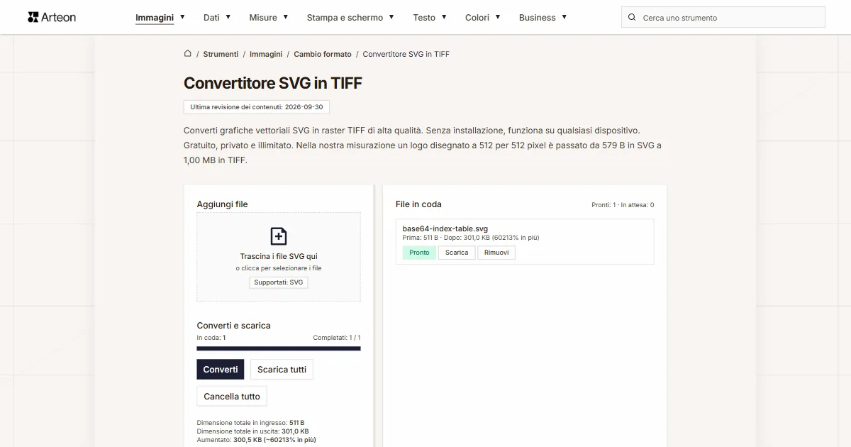 Screenshot dello strumento gratuito Arteon: Convertitore SVG in TIFF