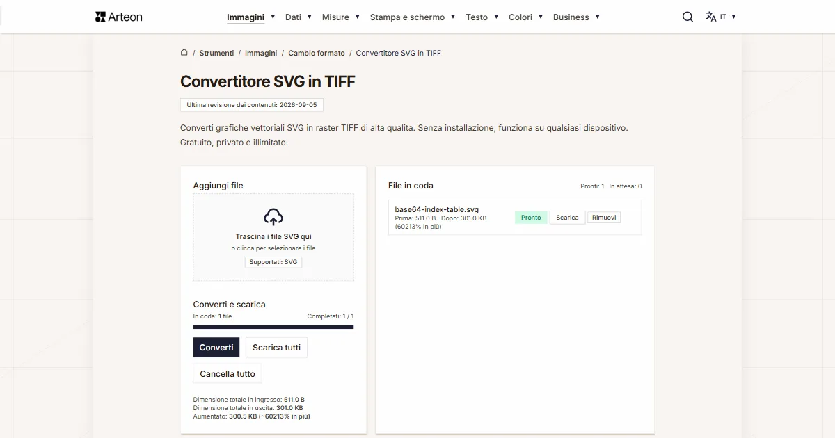 Screenshot dello strumento gratuito Arteon: Convertitore SVG in TIFF
