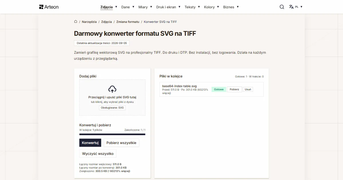 Zrzut ekranu darmowego narzędzia Arteon: Darmowy konwerter formatu SVG na TIFF