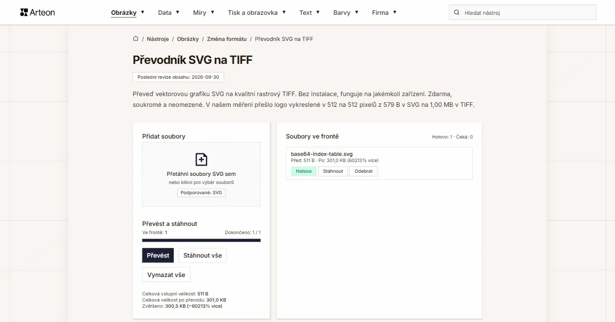 Snímek obrazovky bezplatného nástroje Arteon: Převodník SVG na TIFF