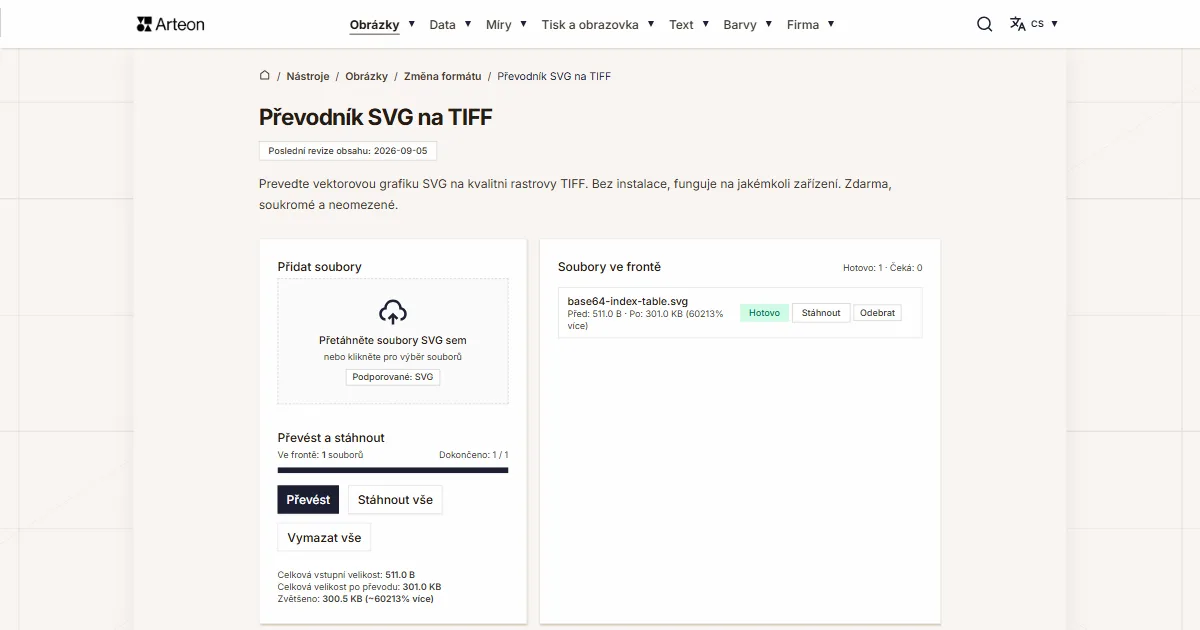 Snímek obrazovky bezplatného nástroje Arteon: Převodník SVG na TIFF