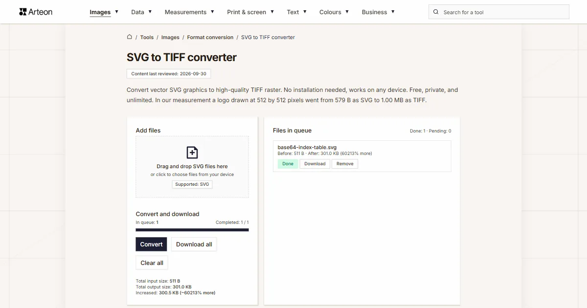 Arteon free tool screenshot: SVG to TIFF converter