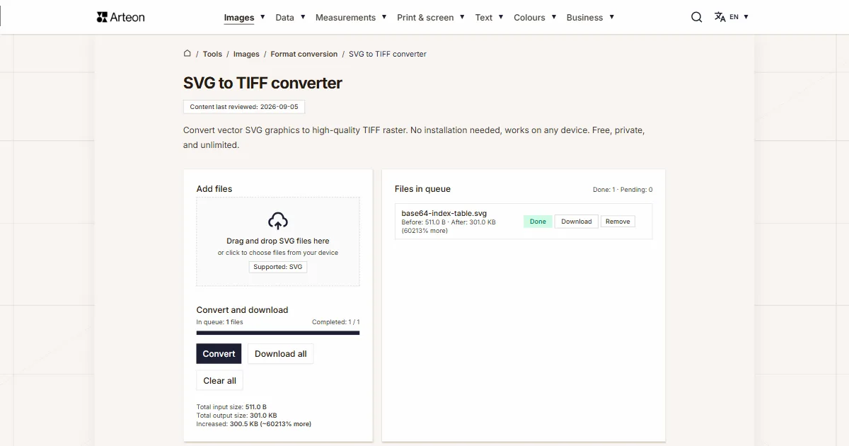 Arteon free tool screenshot: SVG to TIFF converter