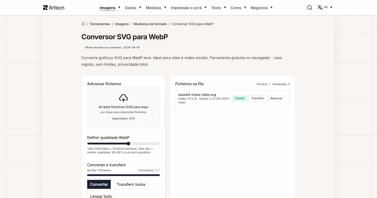 Captura de ecrã da ferramenta gratuita da Arteon: Conversor SVG para WebP