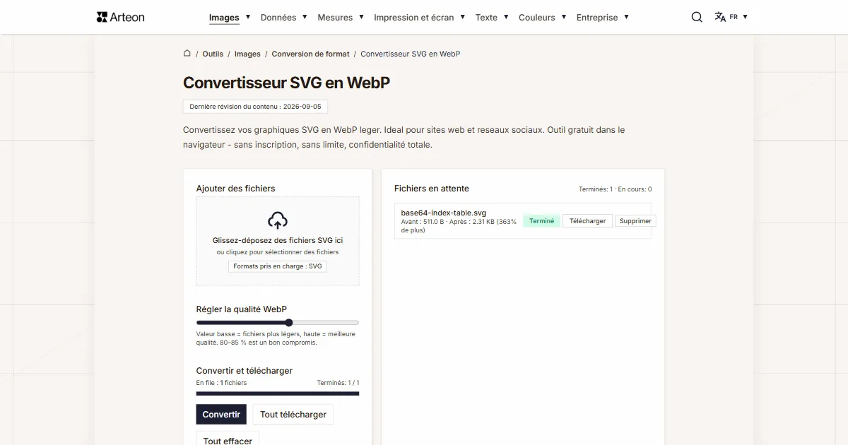 Capture d'écran de l'outil gratuit d'Arteon: Convertisseur SVG en WebP