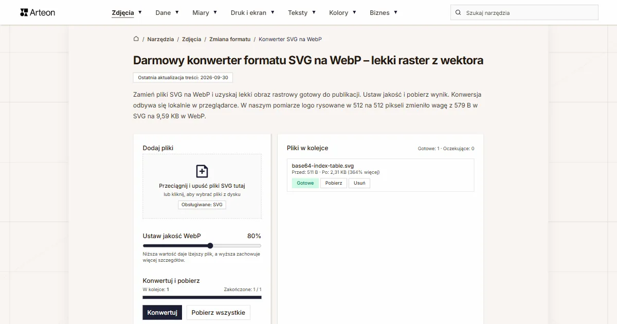 Zrzut ekranu darmowego narzędzia Arteon: Darmowy konwerter formatu SVG na WebP – lekki raster z wektora