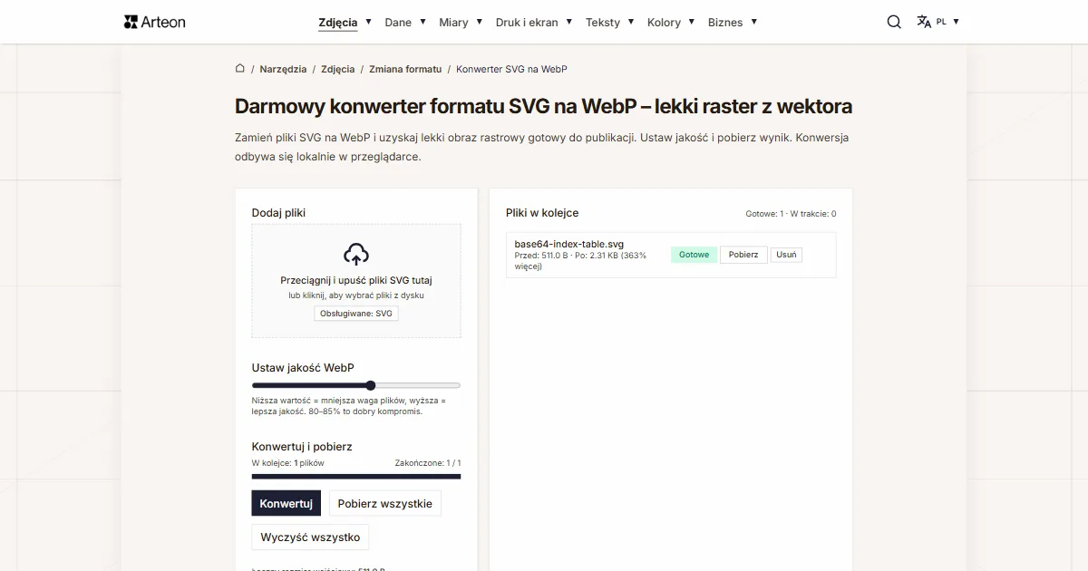 Zrzut ekranu darmowego narzędzia Arteon: Darmowy konwerter formatu SVG na WebP – lekki raster z wektora
