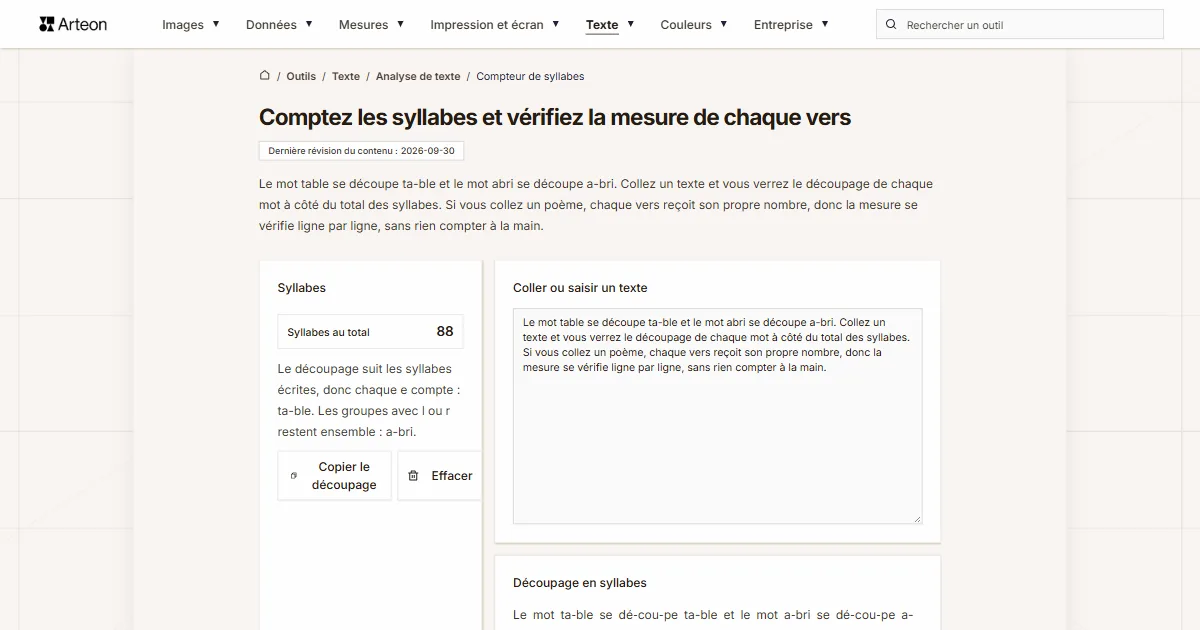 Capture d'écran de l'outil gratuit d'Arteon: Comptez les syllabes et vérifiez la mesure de chaque vers