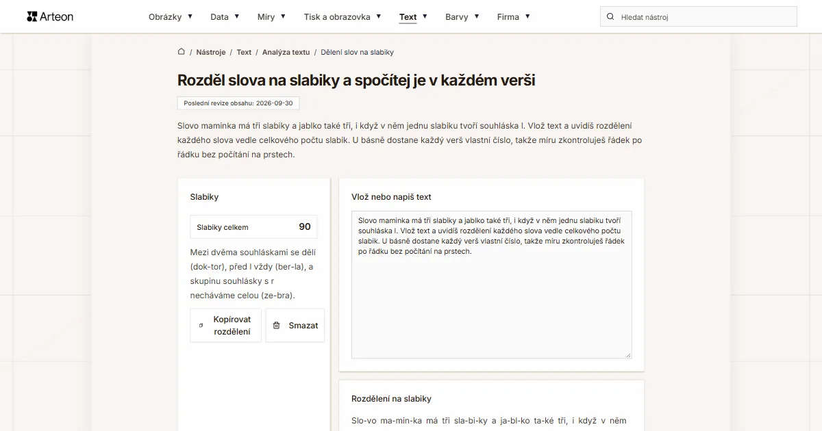 Snímek obrazovky bezplatného nástroje Arteon: Rozděl slova na slabiky a spočítej je v každém verši