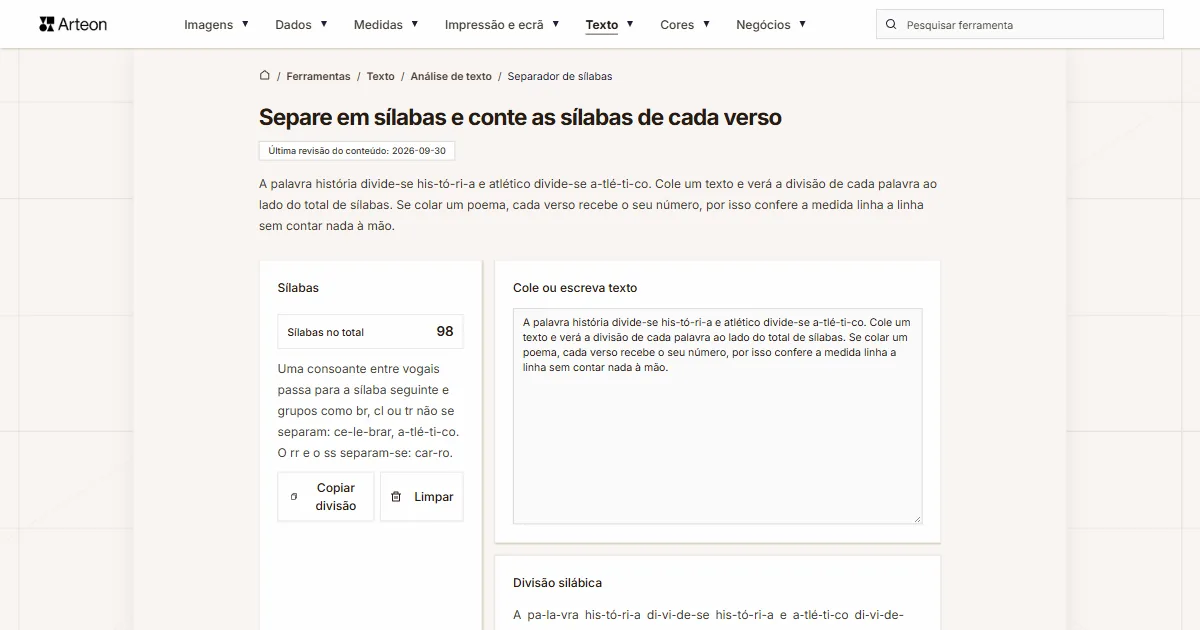 Captura de ecrã da ferramenta gratuita da Arteon: Separe em sílabas e conte as sílabas de cada verso