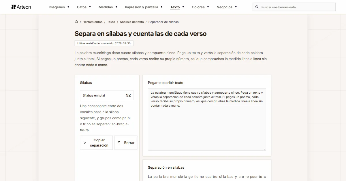 Captura de pantalla de la herramienta gratuita de Arteon: Separa en sílabas y cuenta las de cada verso