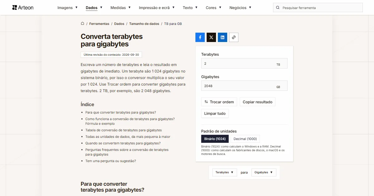 Captura de ecrã da ferramenta gratuita da Arteon: Converta terabytes para gigabytes